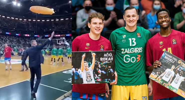 „Žalgiris“ prieš rungtynes pagerbė R. Jokubaitį ir N. Hayesą (Griausmingai nusilenkė Šarui)